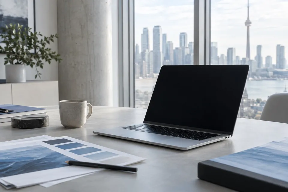 A quiet creative workspace with a laptop and blue paper swatches